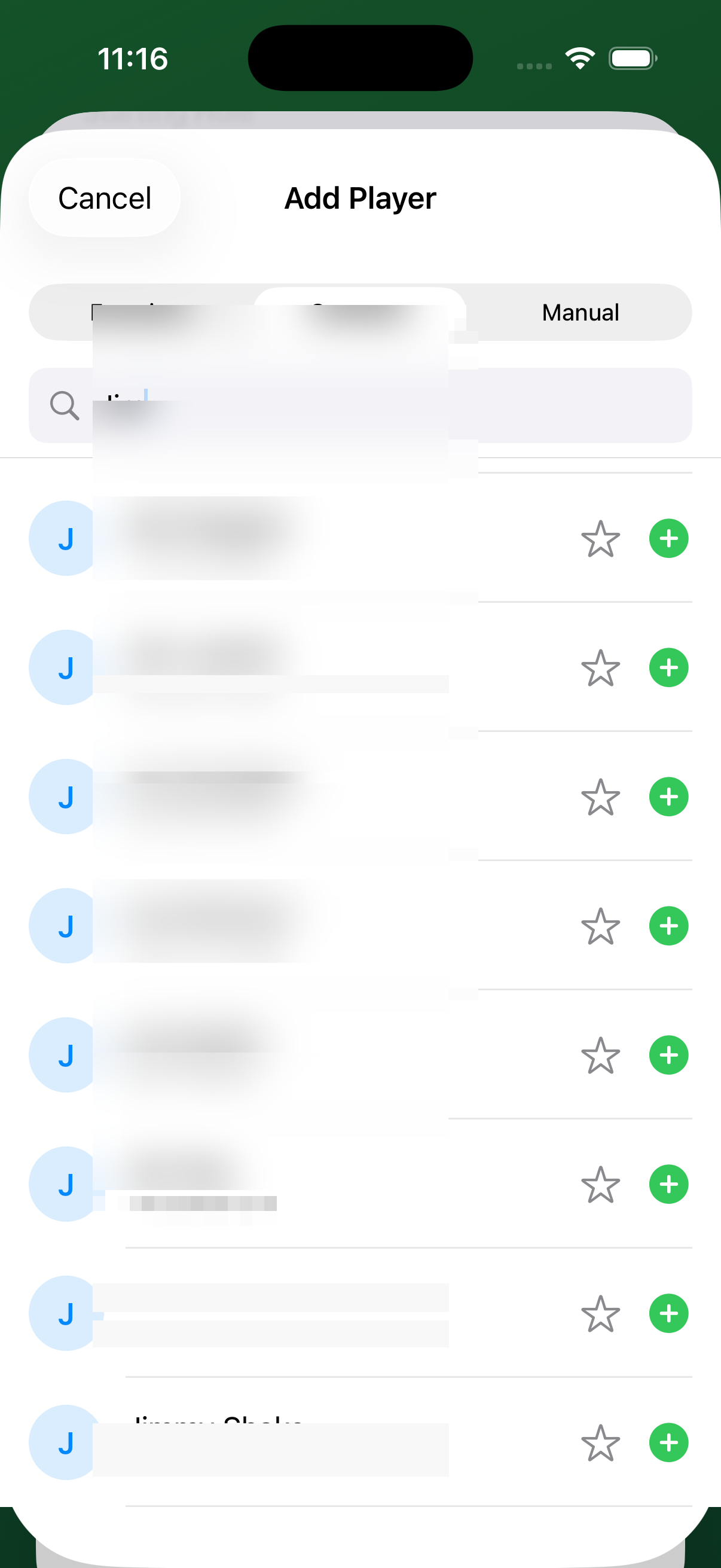 Add Player — Contacts search