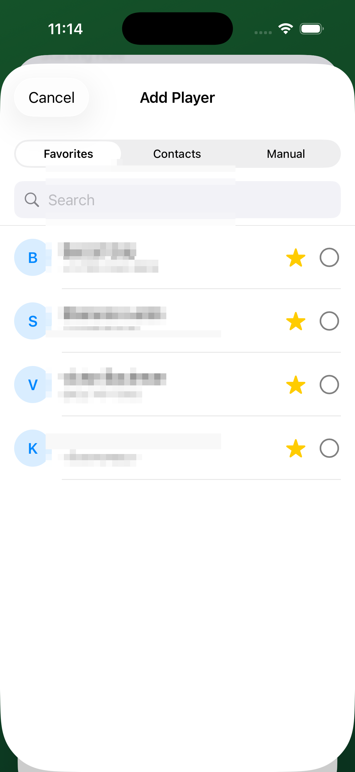 Add Player — Favorites tab