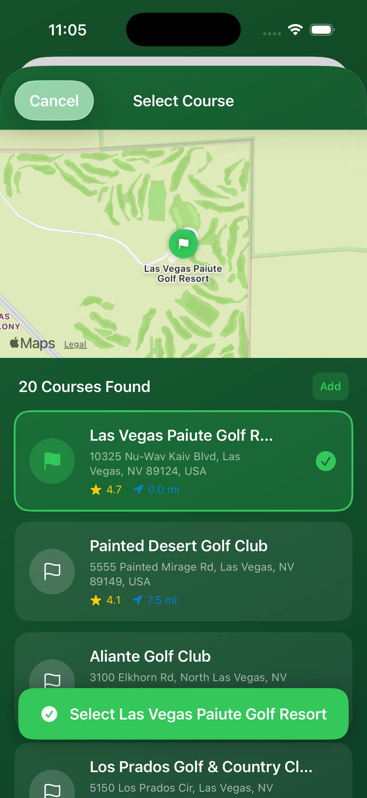 Course search results on a map