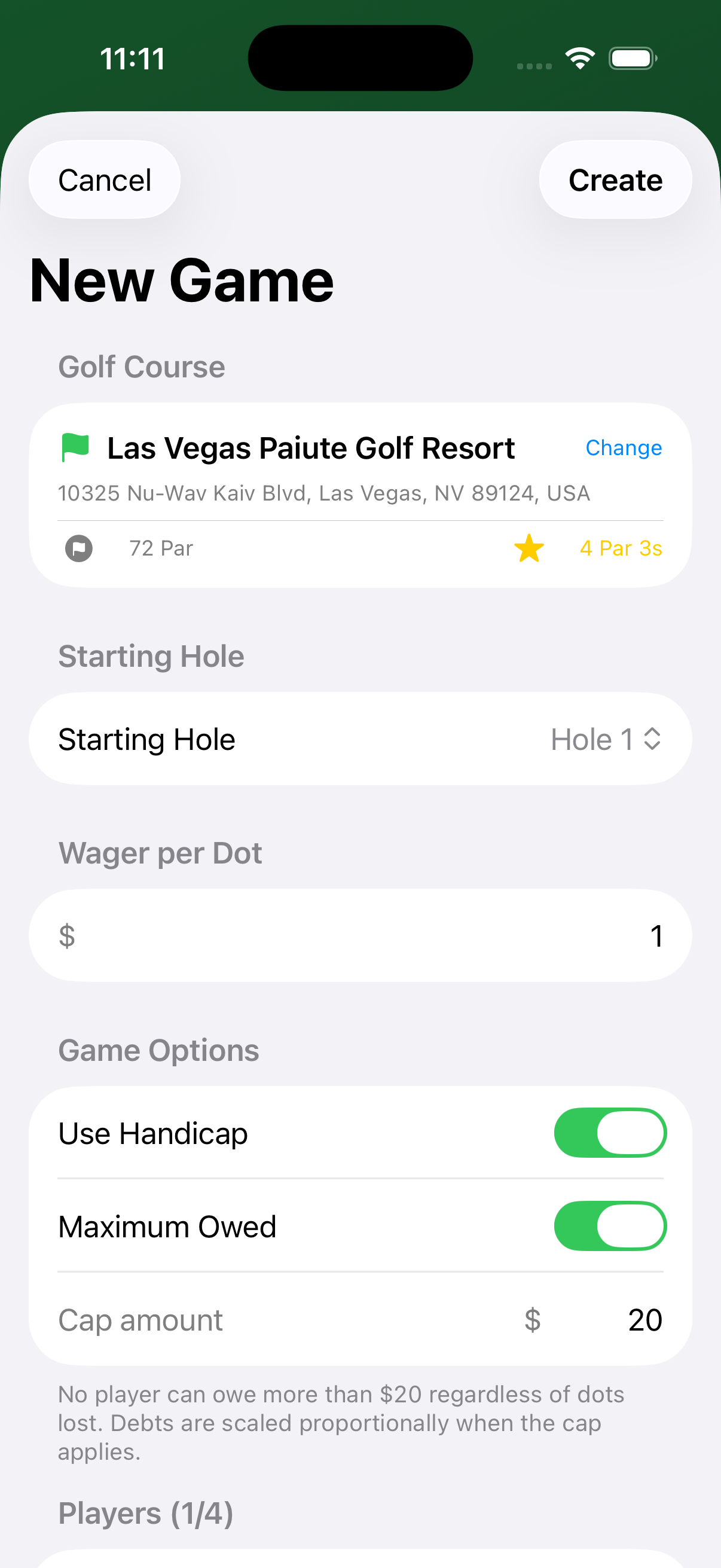 Game Options section showing Use Handicap and Maximum Owed toggles