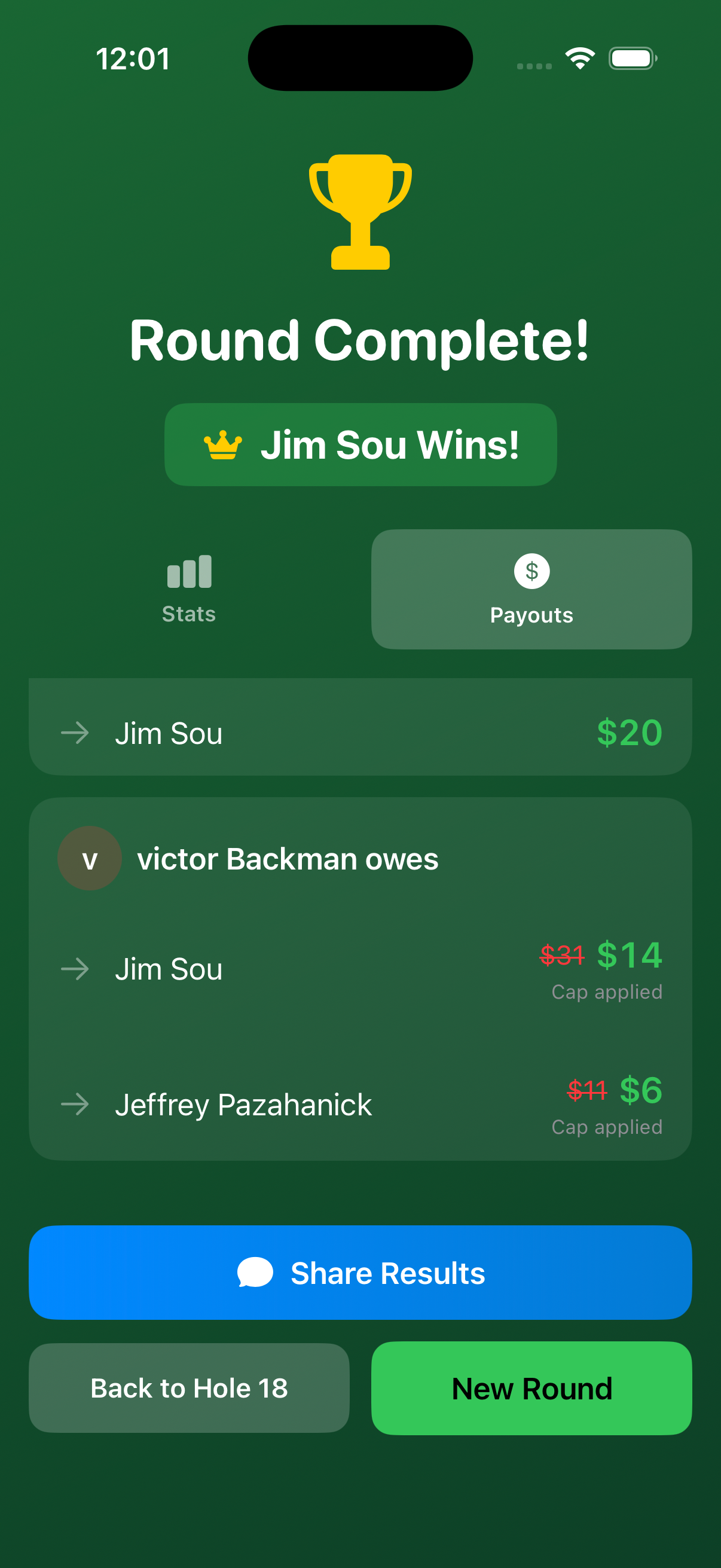Payouts screen continued