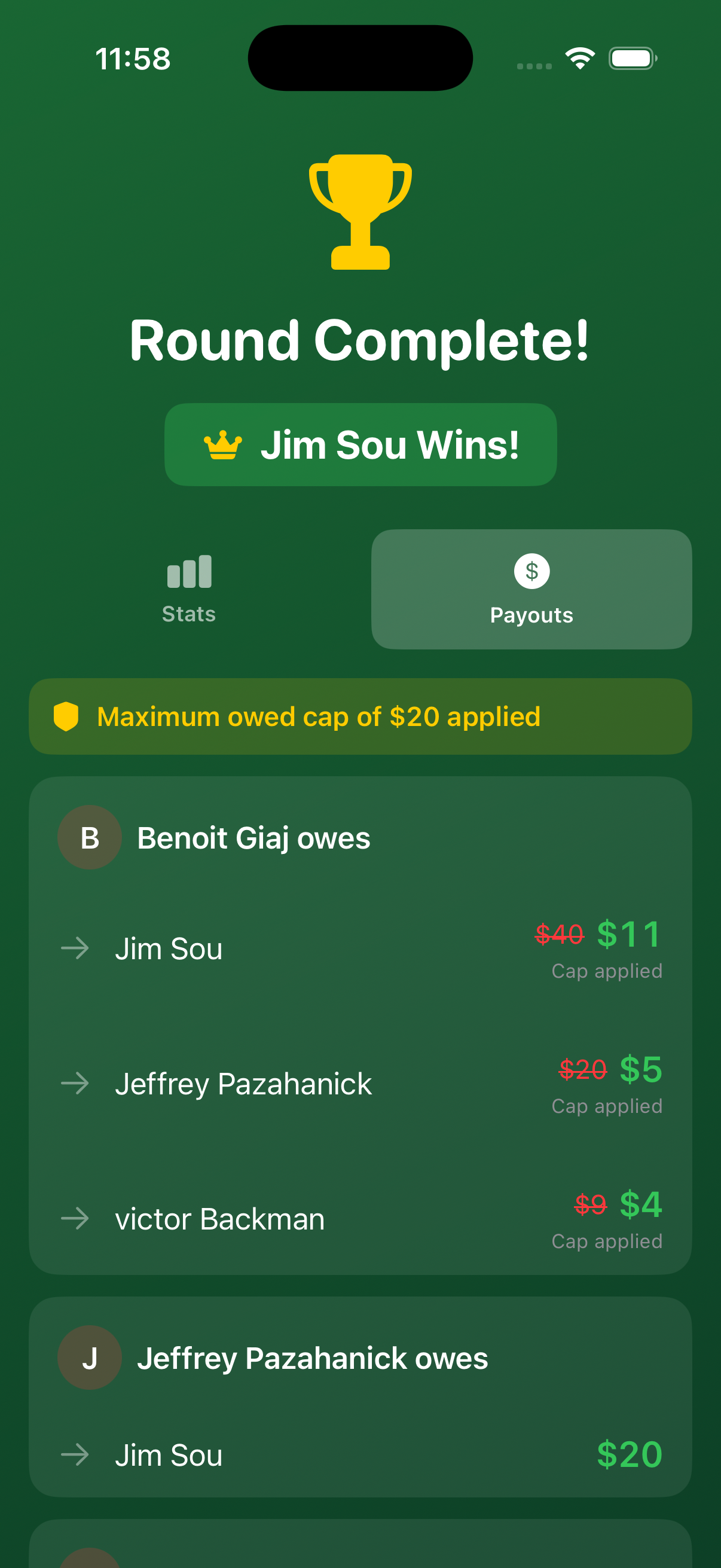 Payouts screen with cap applied