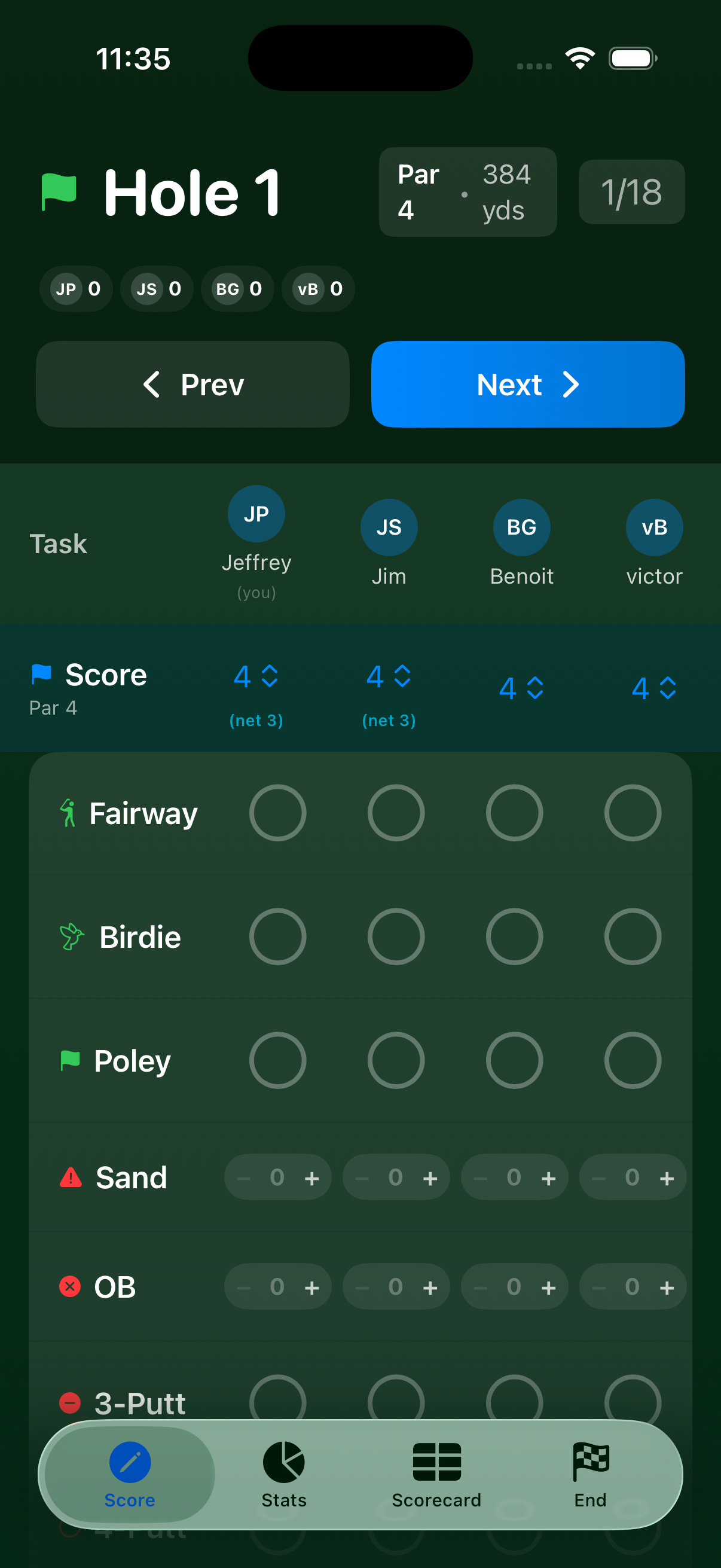 Scoring screen — Hole 1 blank