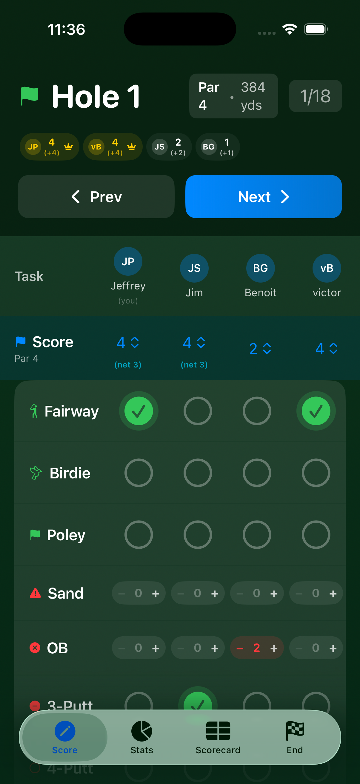 Scoring screen — Hole 1 with dots entered